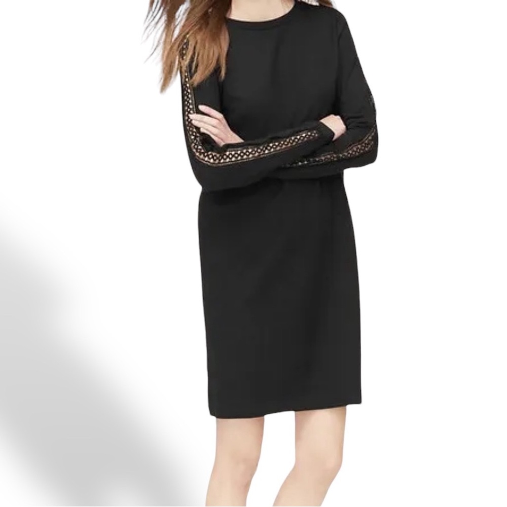 Ann Taylor LOFT Sz Small Dress Cotton Crochet Long Sleeve Knit Mini Black LBD